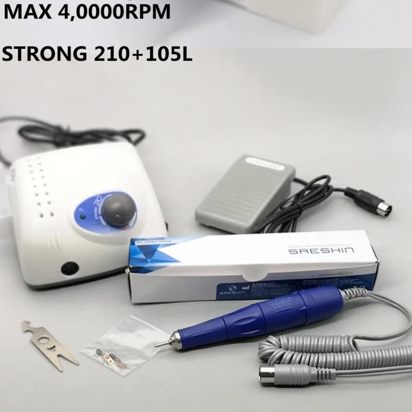 

2019 New Arrival 65W 40000rpm STRONG 210 105L Handpiece 2.35mm Nail Drills Manicure Machine Pedicure Electric File Bits