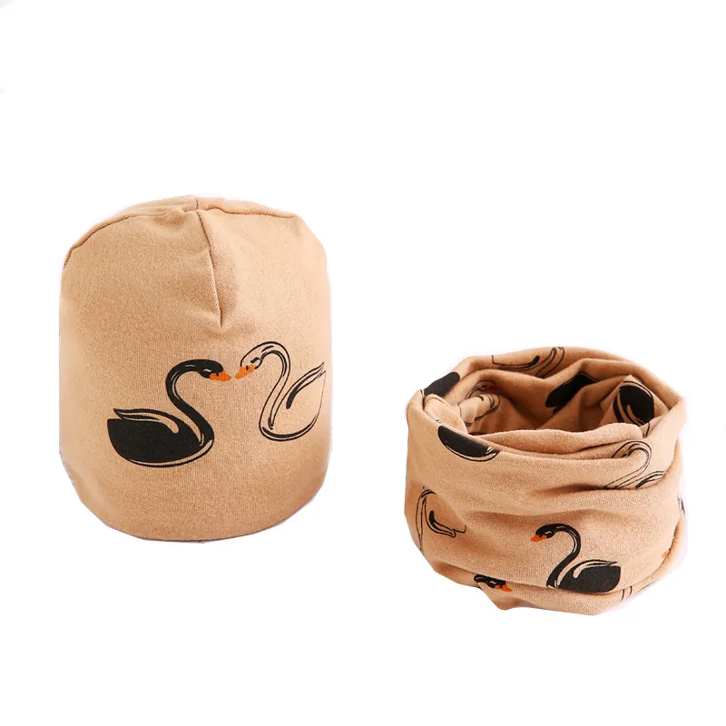 Осенне-зимний хлопковый шарф для маленьких девочек, шапка, принт со звездой, совой, мальчик, наборы шарф шапка, детский теплый воротник, мультяшный детский набор шапки и шарфа - Цвет: coffee swan