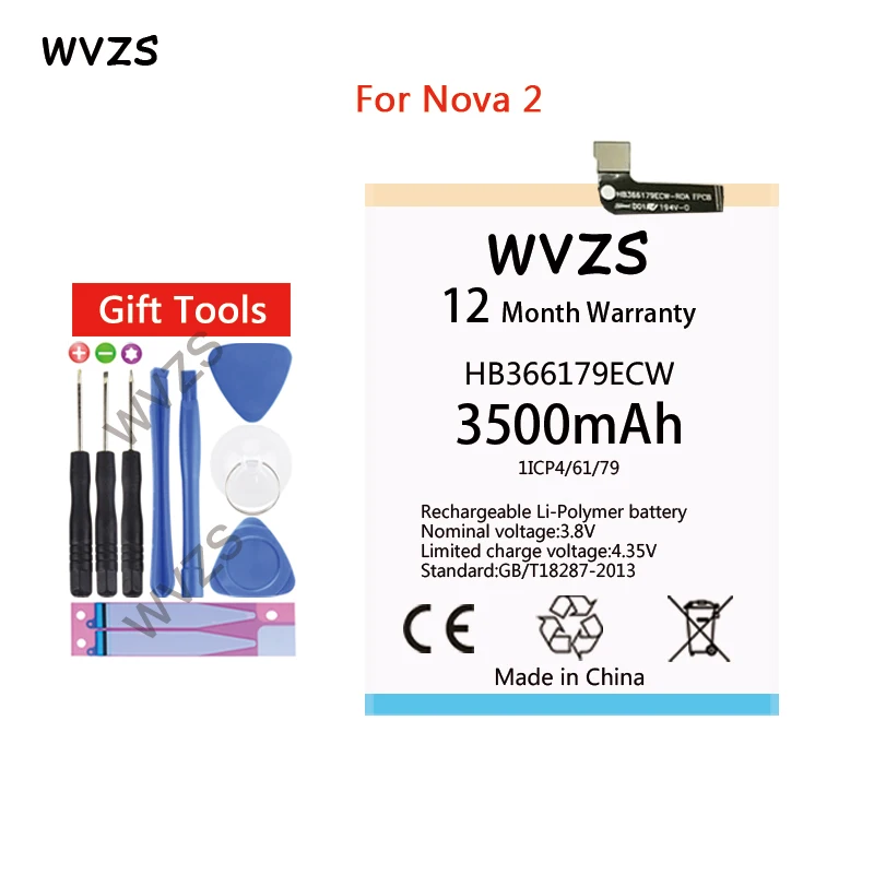 

wvzs 3500mAh Li-Polymer Battery HB366179ECW For Huawei Nova 2 Nova2 PIC-AL00 PIC-TL00 PIC-L29 PIC-LX9 PIC-L09 Batteries