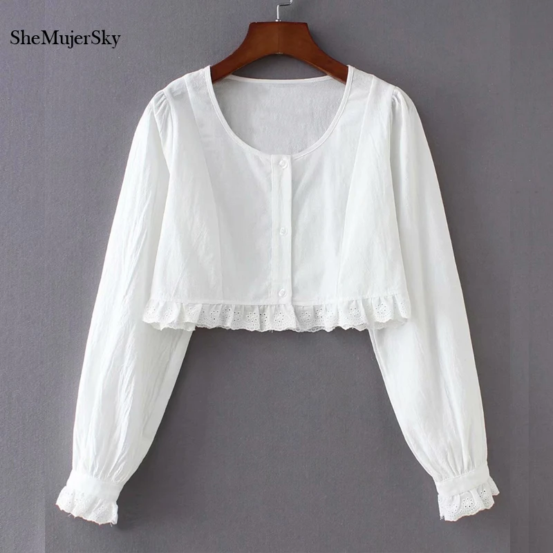 

Shemujersky White Blouse with Lace Crop Tops Ladies Sexy Long Sleeve Blusa Women Blouses