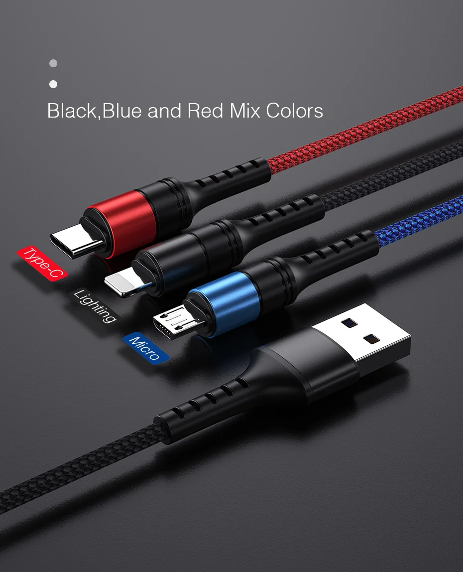 ROCK 3 в 1 USB кабель для iPhone XS X 8 7 6s зарядное устройство type-C Micro USB кабель для Android usb type C кабели для мобильных телефонов