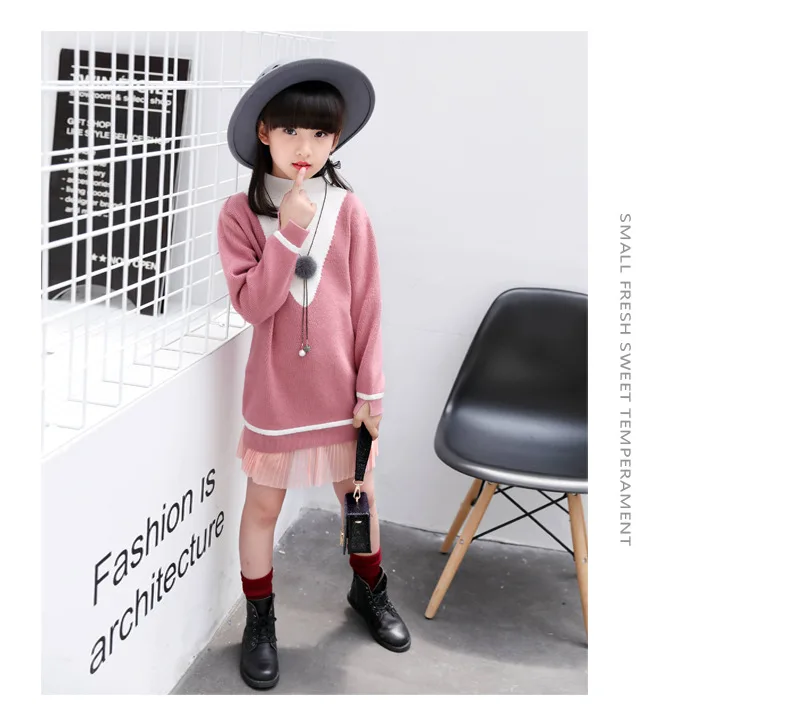 Kinder kleding/ осенне-зимняя одежда для подростков, вязаная одежда с длинными рукавами для девочек черного цвета