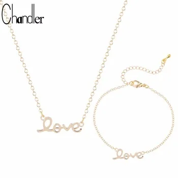 Chandler Fashion Silver Gold-color Love Letter Necklaces & Bracelet For Women Heart Engagement India Wedding Bridal Jewelry Set