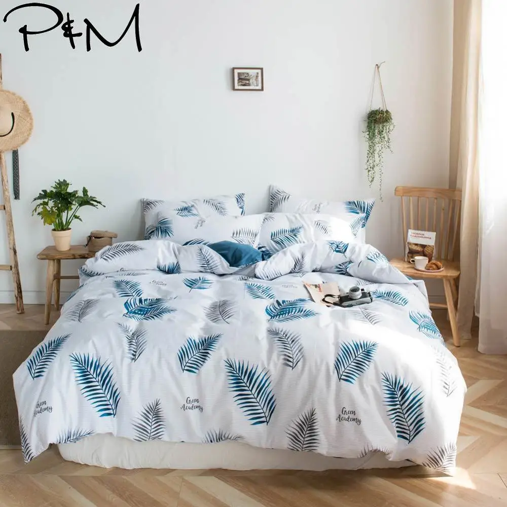 

2019 INS Blue Grey Leaves Simple Duvet Cover Set Flat Fitted Sheet Cotton Bedlinens Hypoallergenic Twin Queen King Bedlinens