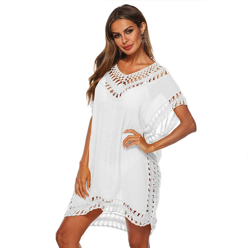 

New Swim Suit Cover Up Woman Hollow Loose V-neck Beach Bikini Cover Up Swimwear Beach Skirt Tunic Robe Women Beach Cover Ups