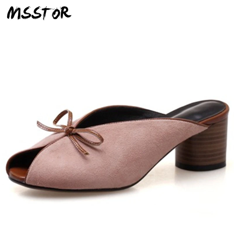 

MSSTOR Butterfly-knot Fashion Slippers Women Summer Black Kid Suede Concise Casual Women Shoes High Heel Peep Toe Mules Shoes
