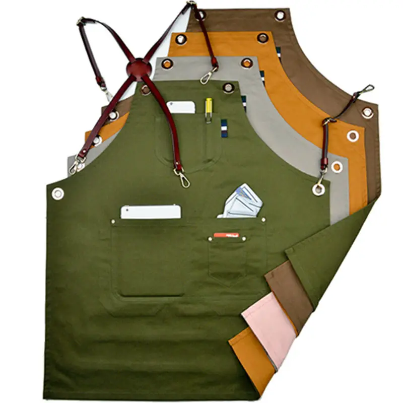 

Double Sides Cotton Bib Apron w/ Leather X Strap Barista Cafe Bar Chef Uniform Florist Barber Salon Tattoo Artist Work Wear K69