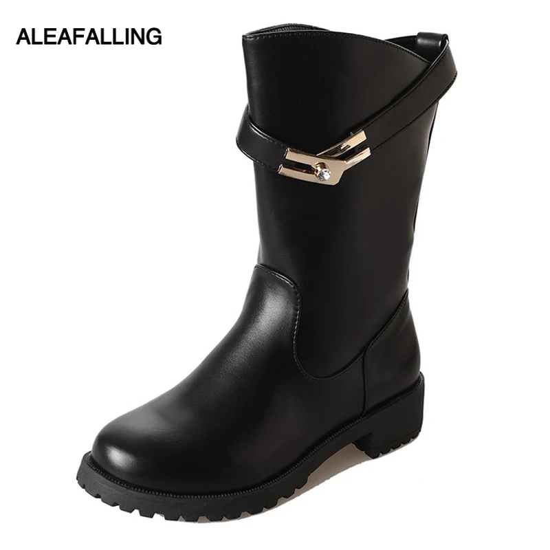

Aleafalling Women's Boots Mid-calf Winter Boots Buckle Soft Leather Girl's Boots Platform Autumn Winter Warm Girl Shoes WBT316