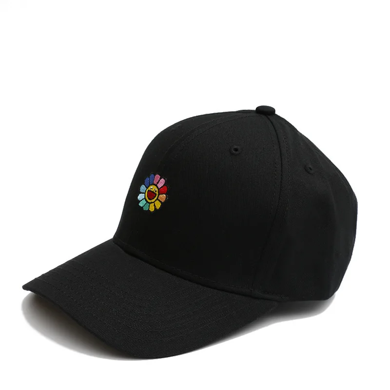 Новая мода Радуга Подсолнух вышивка Хлопковые бейсболки шапки кепки для мужчин женщин Регулируемая пара кепки - Цвет: Black