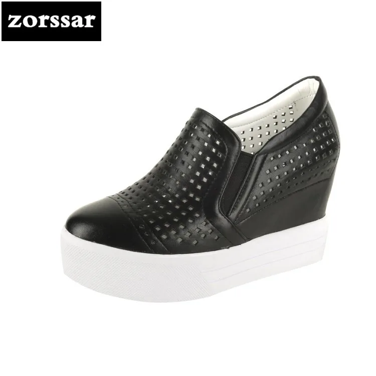 

{Zorssar} Brand 2018 summer New arrival Genuine leather casual womens shoes Slip on Wedges High heels platform pumps shoes heels