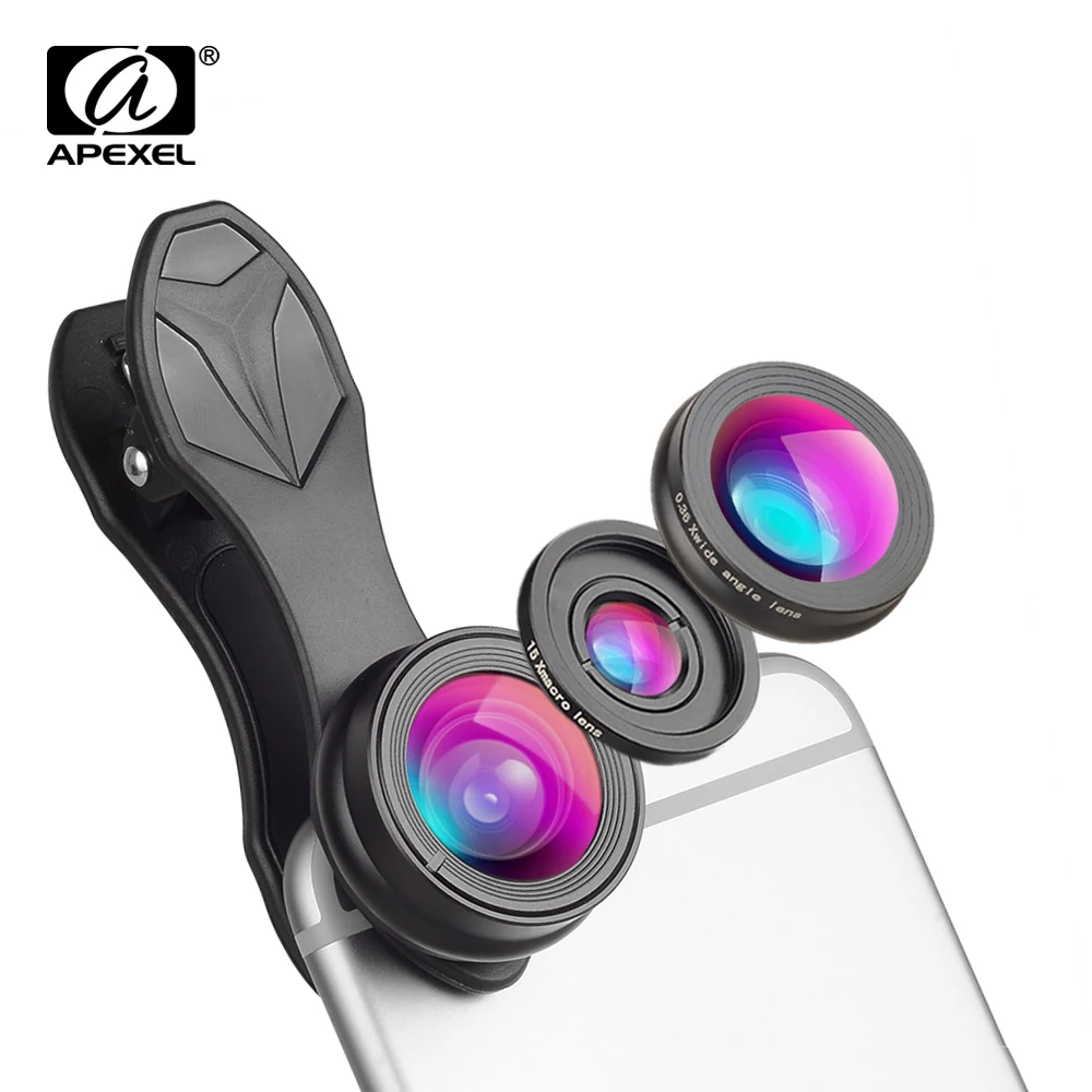 

APEXEL Mini Clip-on Optic Cell Phone Camera Lens Kit 230 Degree Fisheye Lens + 0.36X Wide Angle + 15x Macro Lens for Phones SJ3