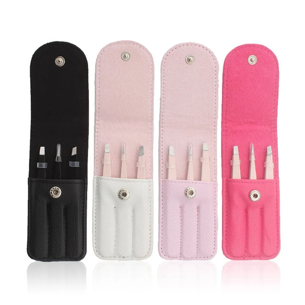 

Professional 3Pcs Slant/Flat/Pointed Head Eyebrow Tweezers With Storage Bag Eyebrow Clip Makeup Tool Useful Beatiful