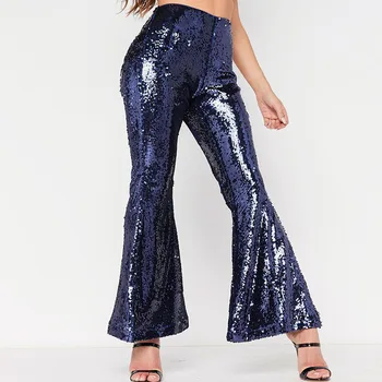 

2020 Autumn blue Black Sequined Flare Pants Womens Fashion Sexy Sparkly Skinny Club Party Bodycon Bandage Long wide leg Trousers