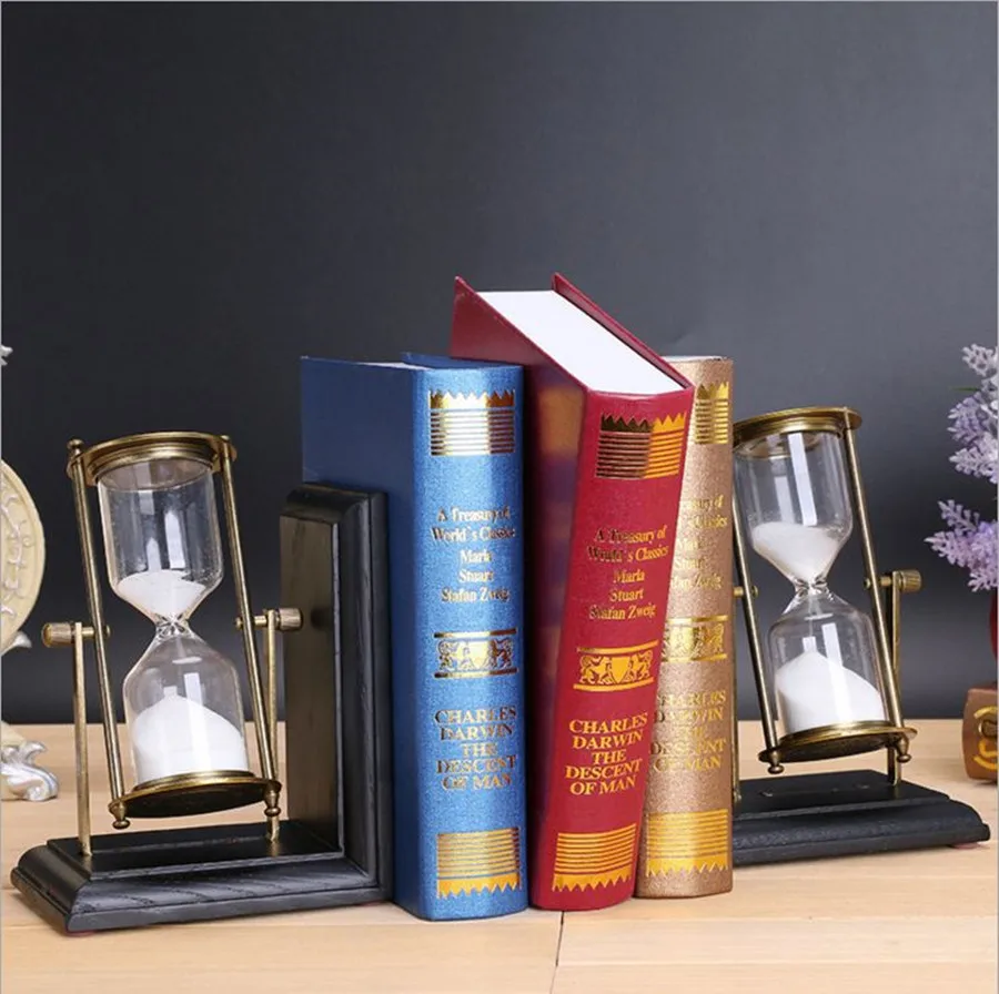 Metal Antique Sandglass Oak Wood Bookends Rotating Hourglass15 Minutes
