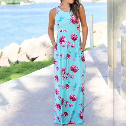 Для женщин летние пляжные Boho Maxi Vestido 2018 Высококачественная брендовая одежда Цветочный принт Длинные Vestidoes женственный О-образным вырезом