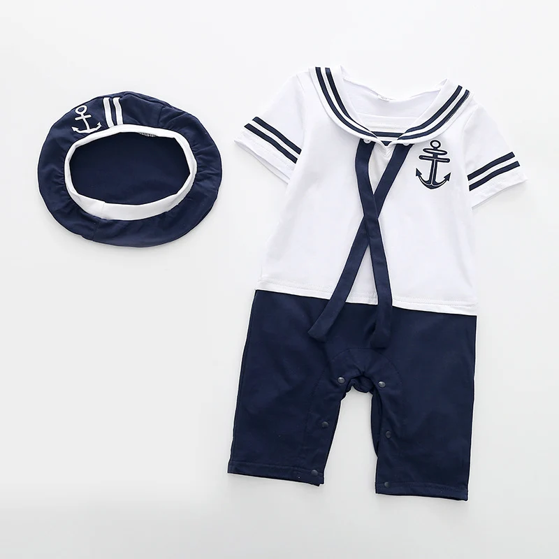 Хлопковый костюм для маленьких мальчиков и девочек в морском стиле, шляпа+ комбинезон с короткими рукавами, комплект из 2 предметов, комбинезон для малышей, летняя одежда для дня рождения, 3-6-12 месяцев - Цвет: white