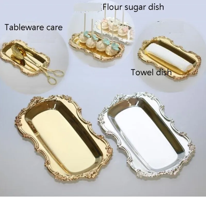 Silber Gold Gericht Platten Kuchen Tablett Geschnitzte Rand Hochzeit Декор десертный лоток Edelstahl Gerichte|Лотки для