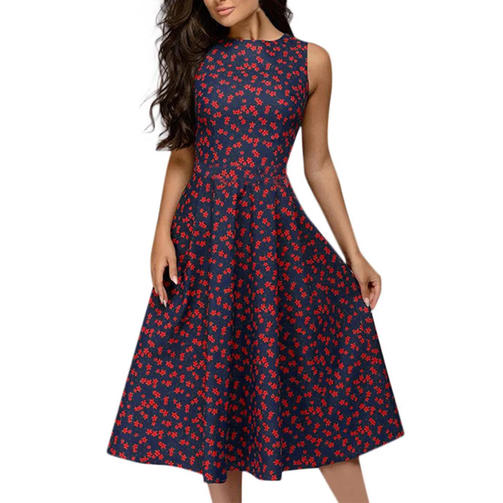 

High Elastic Waist Vintage Dress Women Elegent A-line Vintage Floral Printed Sleeveless Party Dress Sleeveless Summer Dress