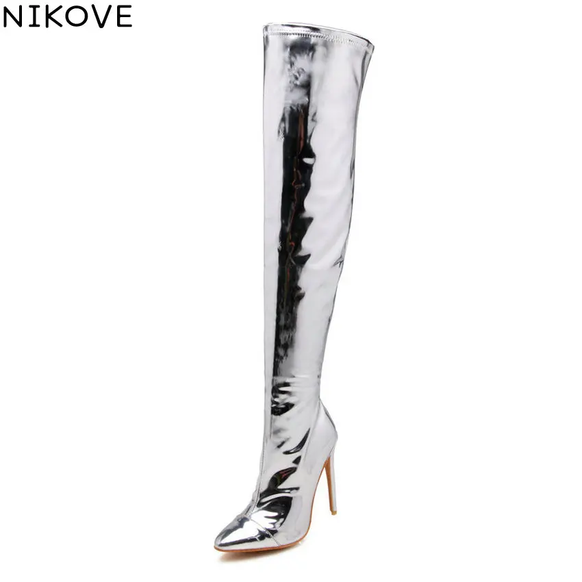 

NIKOVE 2019 Women Boots Over The Knee Boots Zipper Winter Shoes Pointed Toe Patent Leather Thin High Heel Shoes Woman Size 34-43
