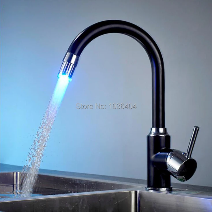 Black Led Light Tap Bathroom Kitchen Faucets Swivel Sink Temperature