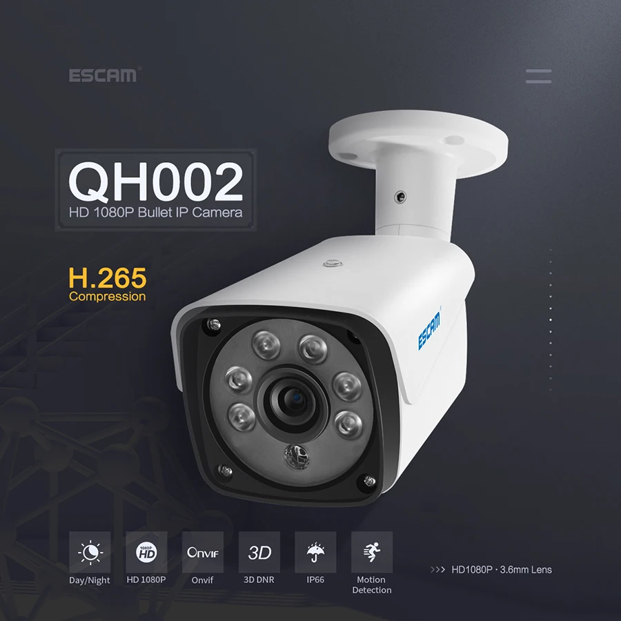 

NEWEST ESCAM QH002 HD 2MP IP Camera ONVIF H.265 P2P Outdoor Waterproof IR Bullet With Smart Analysis Function Surveillance