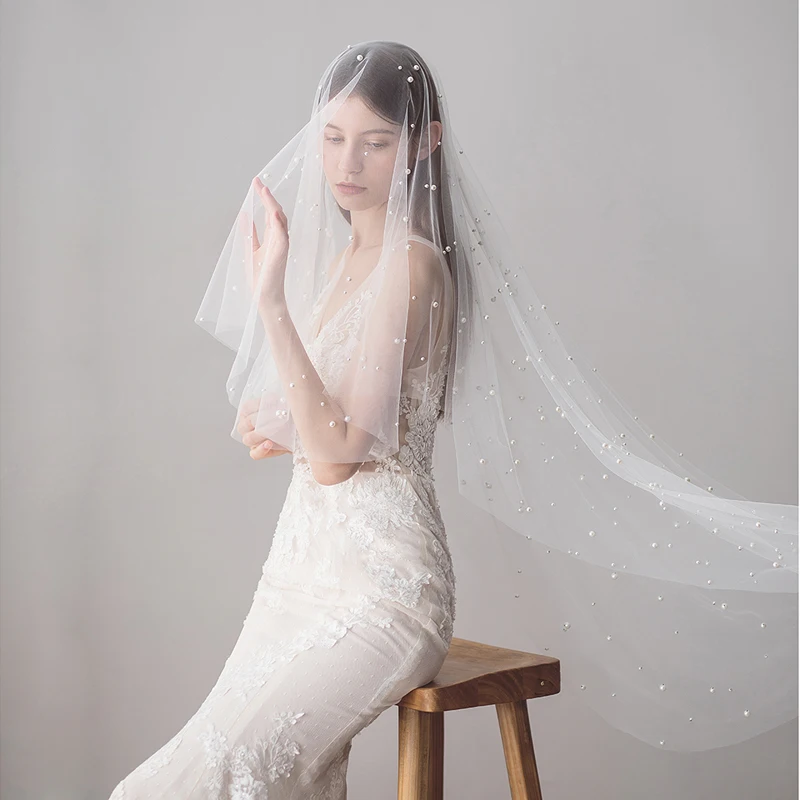 Свадебная фата SLBRIDAL двухслойная с гребнем и жемчугом цвета слоновой кости |
