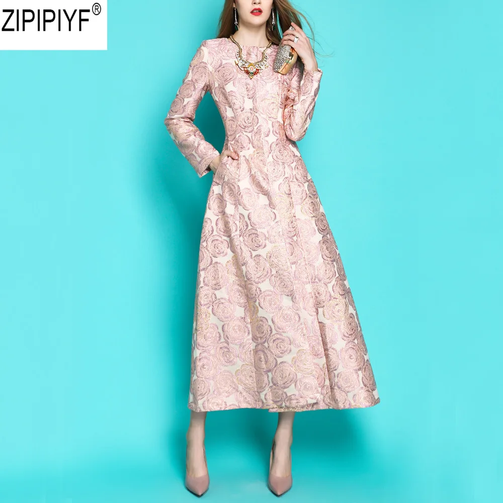 

2018 New Super Quality Europe and U.S. Retro Long Sleeve O-neck Collar Vintage Embroidery Slim Waist Long Mid-Calf Dress C2285