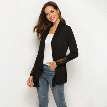 

2020 New Female Lace Patchwork Outerwear Women Thin Cardigan Long Sleeve Loose Asymmetric Hem Long Cardigan Bigsweety