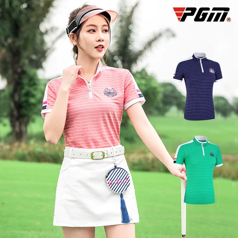 PGM Women Striped Short Sleeves Golf Shirts Summer Ladies Breathable