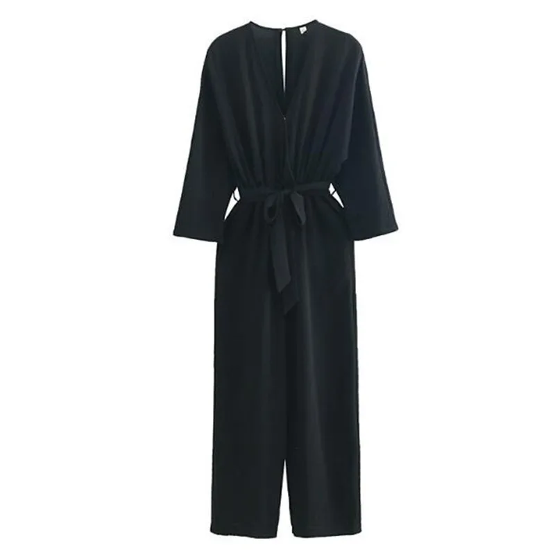 2019  Causal Bow Sashes Cross V neck Black Jumpsuit Vintage OL Long Sleeve Loose Full Length Pants