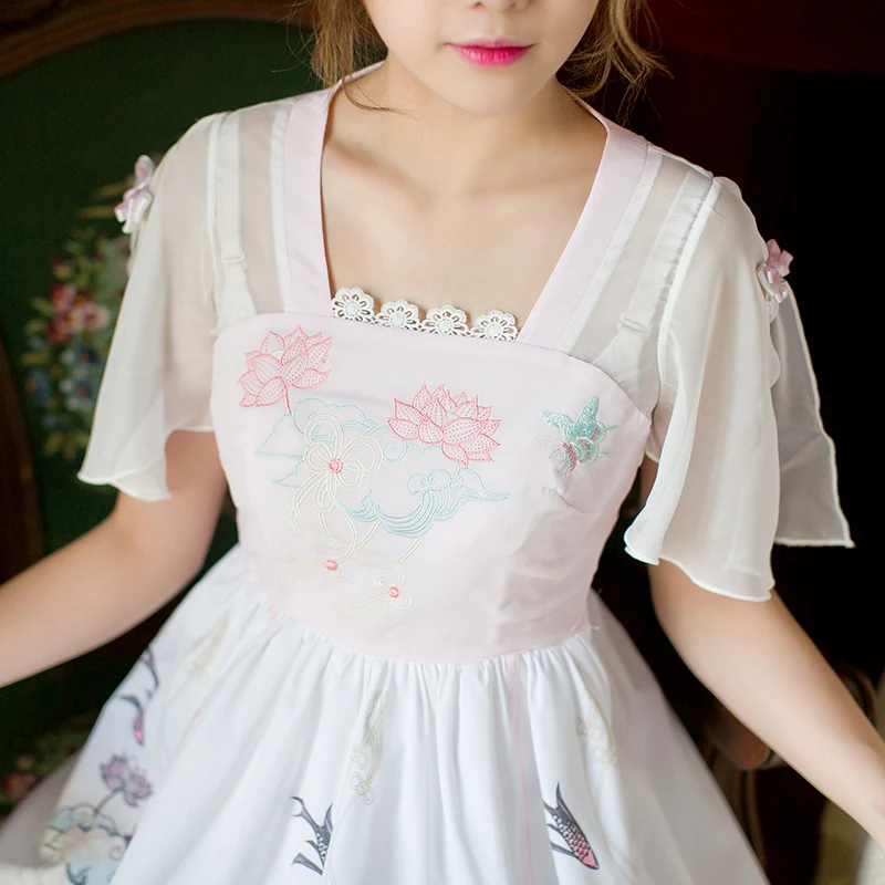 Принцесса сладкий Лолита конфеты дождь платье японским цветочным шифон сладкий бабочка рукав печати платье трапециевидной формы C22AB7164