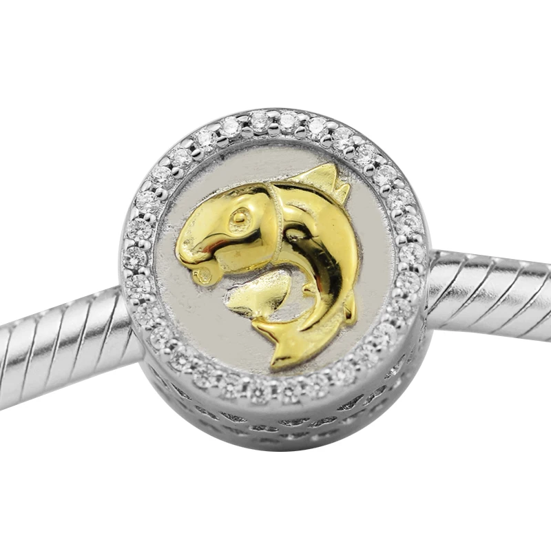

Fits for Pandora Charms Bracelets Lucky Carp Beads with 14K Real Gold & Clear CZ 100% 925 Sterling Silver Jewelry Free Shipping