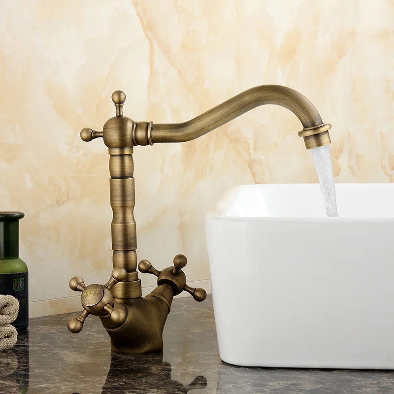 

Basin Faucets Retro Brushed Double Handle Bathroom Faucet Tap Deck Mounted Bathbasin Mixer Hot Cold Water Tap
