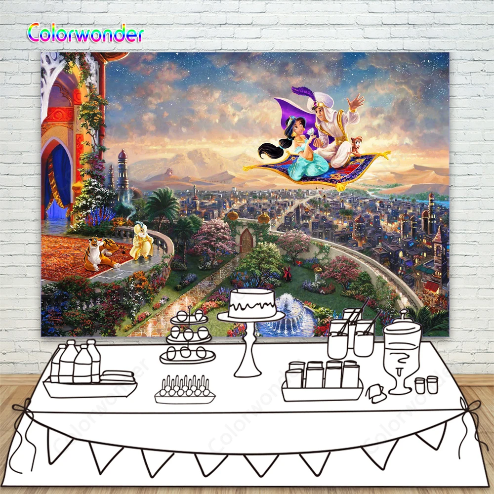 

Aladdin and princess Jasmine Magic Blanket Photography Backdrop Arabian Fairy Tale Background For Children Birthday Party Decor