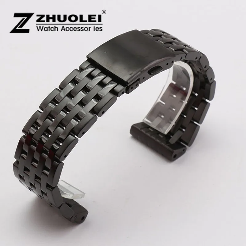 

High Quality Watch band 24mm 26mm 28mm 30mm Black Metal Stainless Steel Watchband BANDS Strap Bracelets Double Push Clasp Buckle