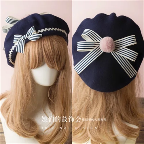 Японский стиль Лолита Шляпа французский берет шерсть шляпа полоса галстук-бабочка шершавые Venonat Девушки Женщины Классический берет 17 цветов - Цвет: Navy Grid