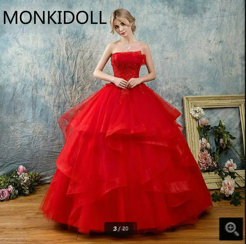 

Vestido De Festa ball gown red lace appliques beaded wedding dress strapless ruffled sweetheart neck cheap wedding gowns on sale