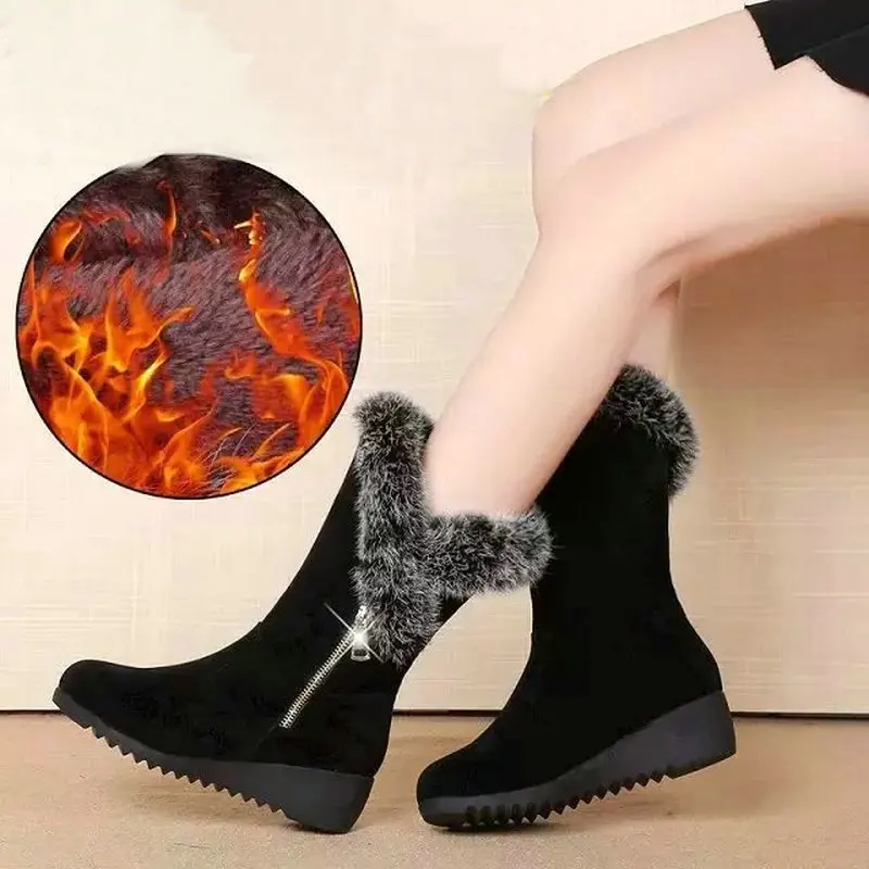 

Women's Keep Warm Shoes 2019 Winter Rabbit Plush Zipper Female Boots Women Shoes Flat Leather Non-slip Winter Woman Shoes