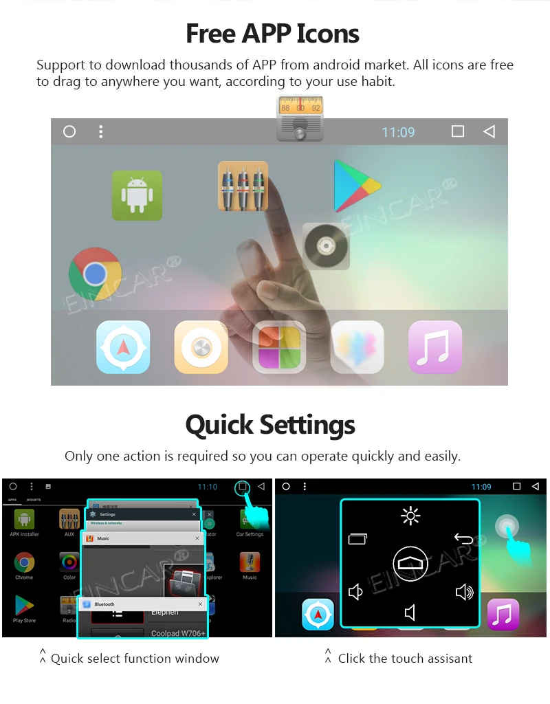 Steering Wheel Control FM/AM Radio 32GB ROM Five Touch Screen Eincar Android 7.1 Car Stereo MP3 Pla