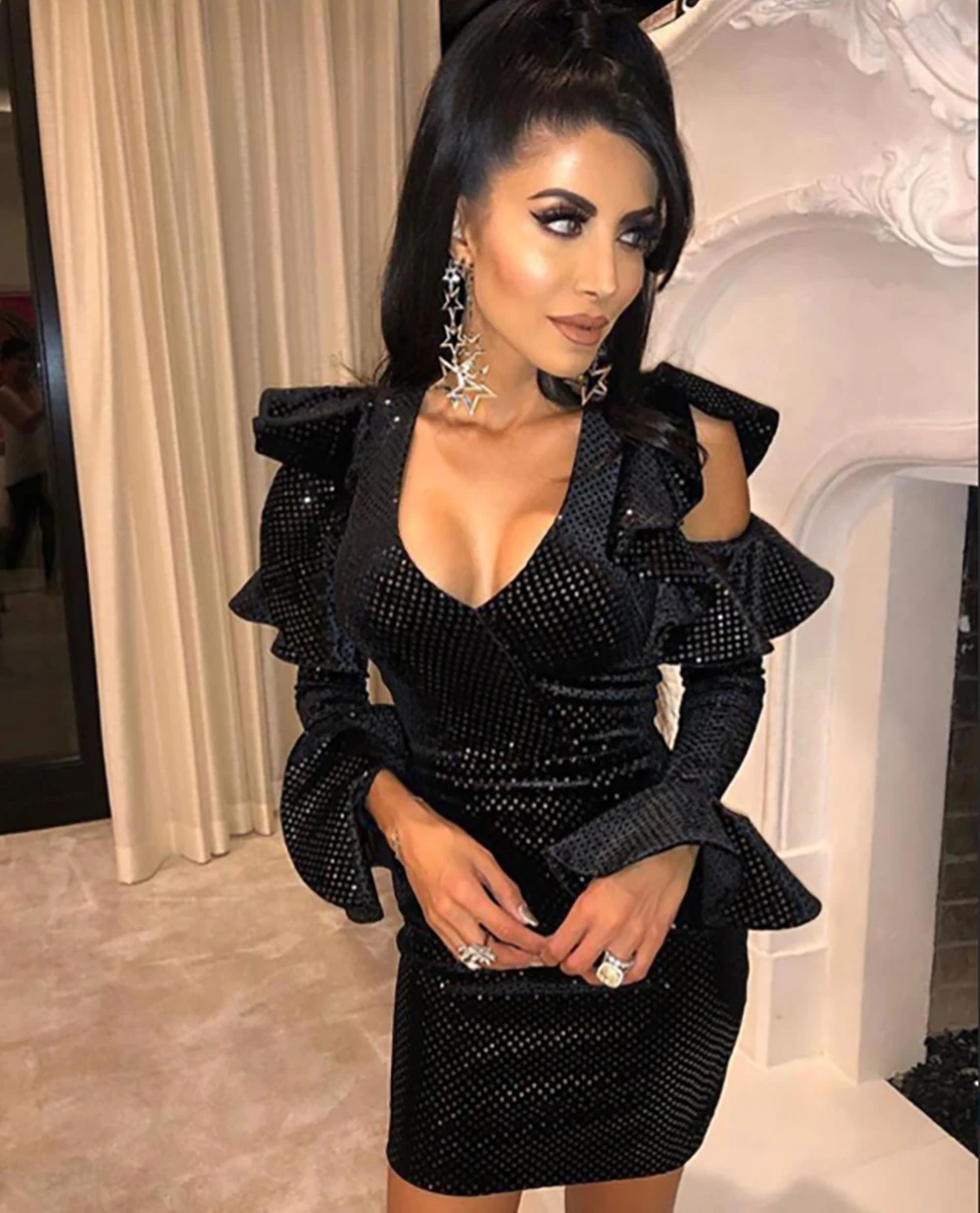 Long Sleeve V Neck Elegant Celebrity Fashion Night Club Party Dresses