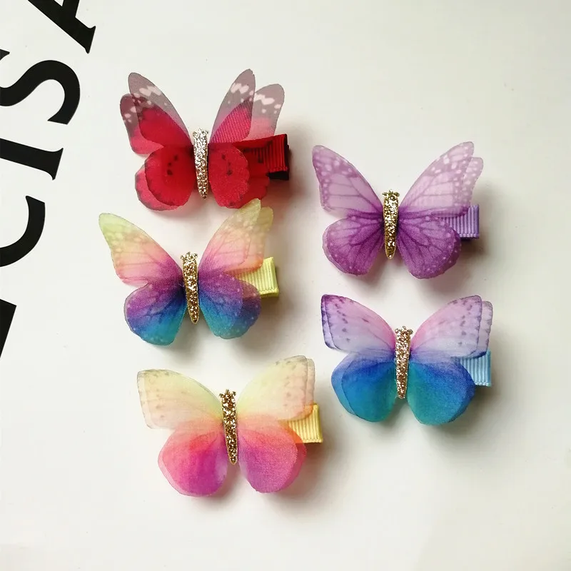 2pcs/lot Summer Printing Butterfly Kid Hair Clip Cute Girls Gauze Multicolor Hair Grip Hair Barrette Floral Kids Hair Accessory