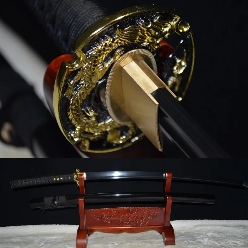 

Authentic handmade japanese samurai katana black fold steel blade sword sharp full tang dragon tsuba