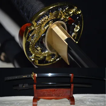 

Authentic handmade japanese samurai katana black fold steel blade sword sharp full tang dragon tsuba