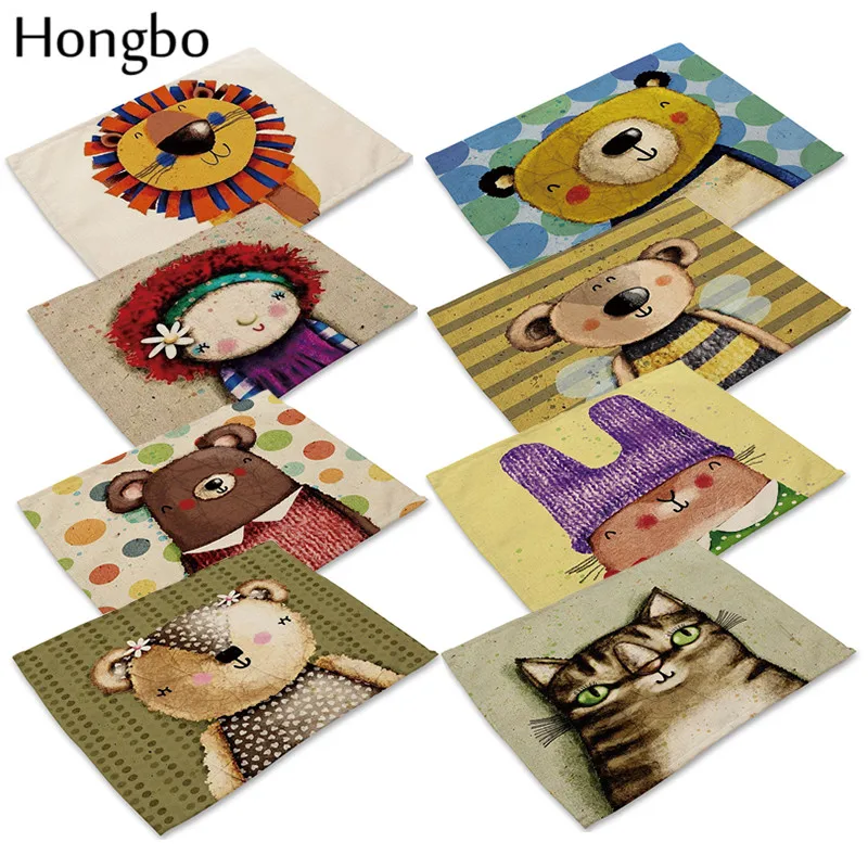 Cotton Linen Table Mat Cute Cartoon Animal Pattern Placemats For