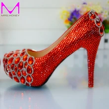Red Custom Make plus size high heel crystals and rhinestones bridal wedding Pumps shoes Diamond Lady Shoes Party Prom High Heels