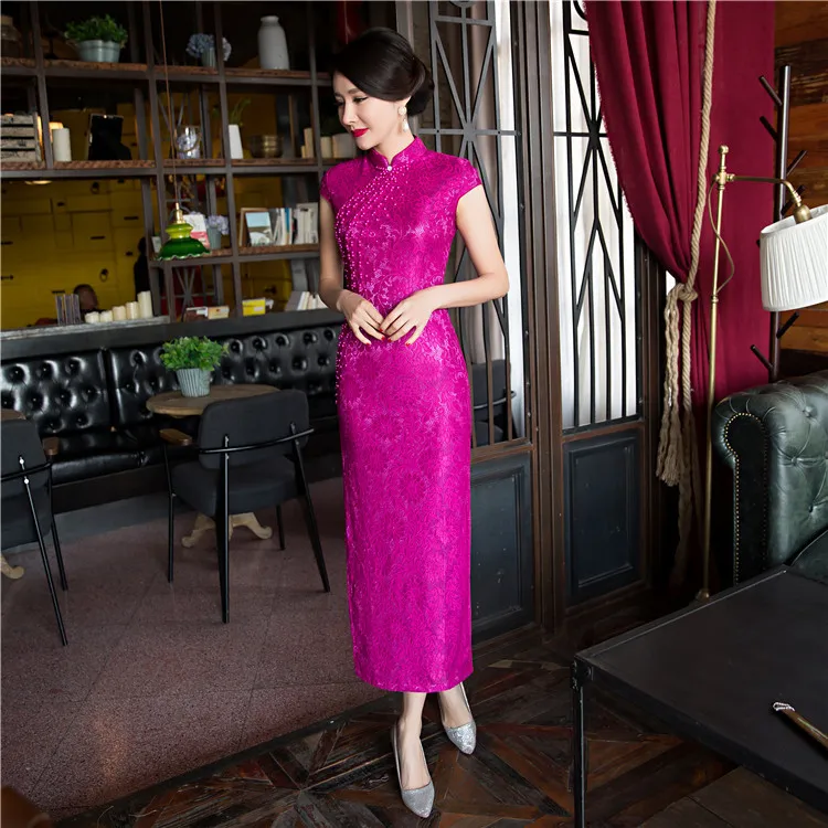 Новое поступление; модное кружевное Длинные Cheongsam ярко розовый китайский женское платье элегантный Qipao Vestidos Размеры S M L XL XXL XXXL 27591A