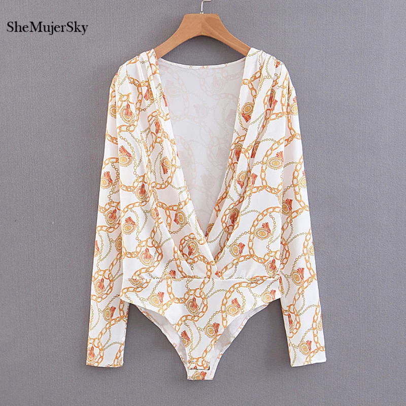 

SheMujerSky Sexy V-neck Women Bodysuits Autumn Long Sleeve Overalls Elegant Chain Print Short Jumpsuit roupas femininas