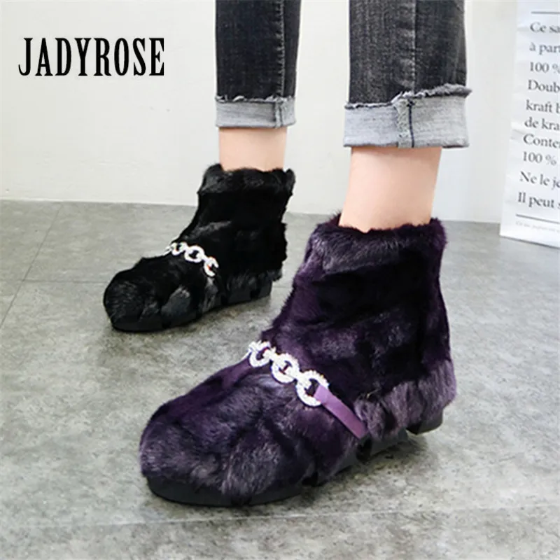 

Jady Rose 2019 New Mink Fur Winter Ankle Boots Women Warm Snow Boots Ladies Flats Crystal Decor Botines Mujer Furry Booties