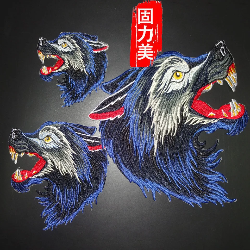 3pair blue Wolf animal Embroidery sewing On Patches For Clothing