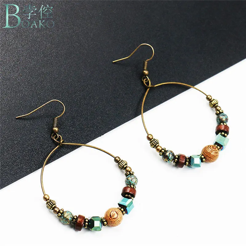 

Bohemia Crystal Earrings For Women Ethnic Big Circle Round Rings Hollow Tassel Earring Vintage Metal Wooden Beads Earing Jewlery